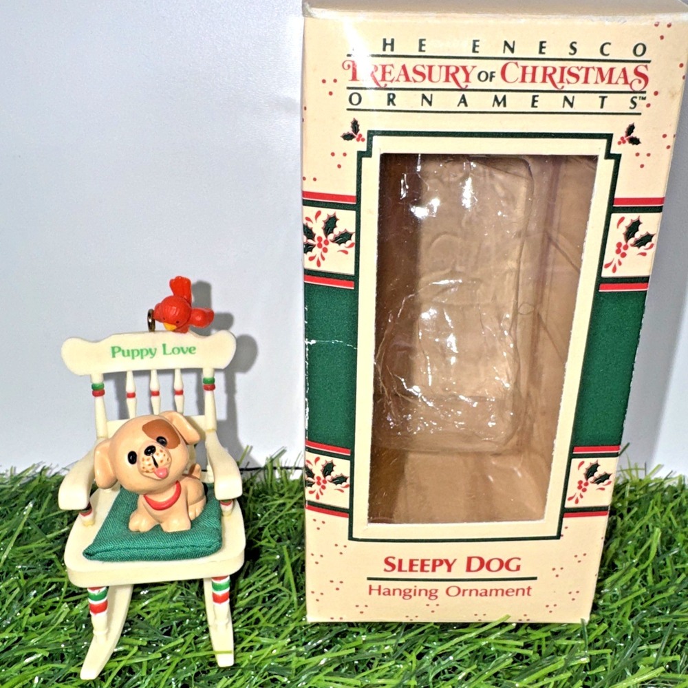 1987 Enesco Sleepy Dog Puppy Love Rocking Chair Ornament w Box VTG Christmas